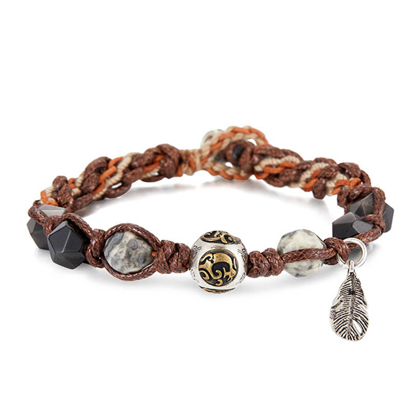 Wear FengShui Retro 925 Sterling Silver Silver Sheen Obsidian Transport Rope Handmade Braided Bracelet