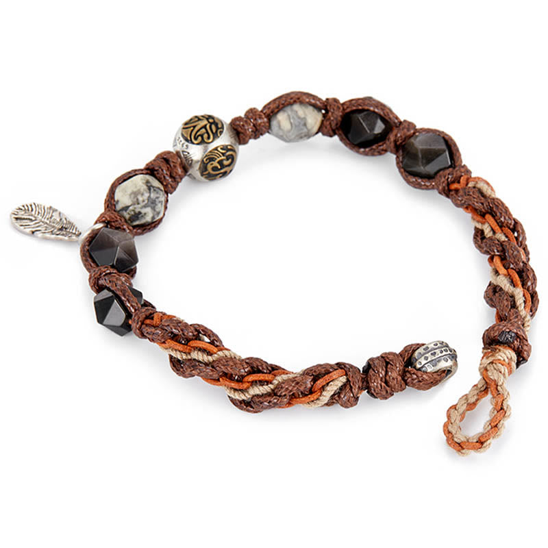 Wear FengShui Retro 925 Sterling Silver Silver Sheen Obsidian Transport Rope Handmade Braided Bracelet