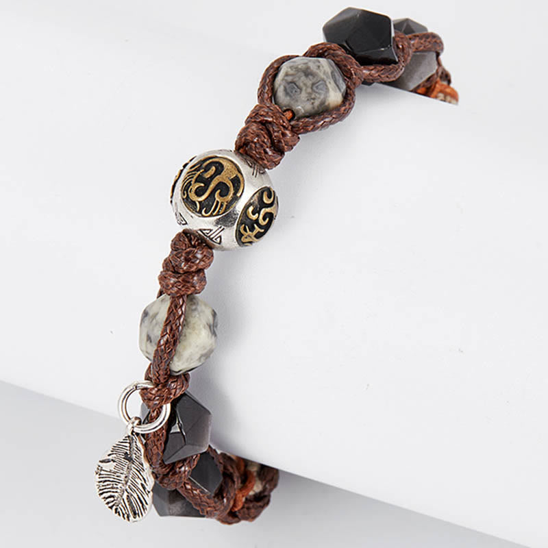 Wear FengShui Retro 925 Sterling Silver Silver Sheen Obsidian Transport Rope Handmade Braided Bracelet