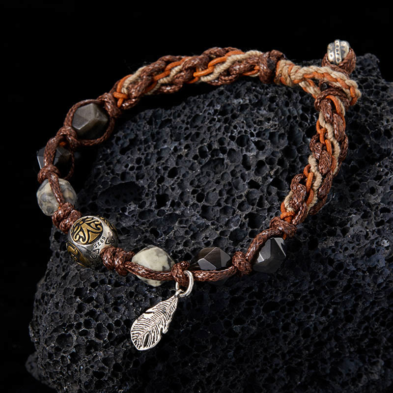 Wear FengShui Retro 925 Sterling Silver Silver Sheen Obsidian Transport Rope Handmade Braided Bracelet