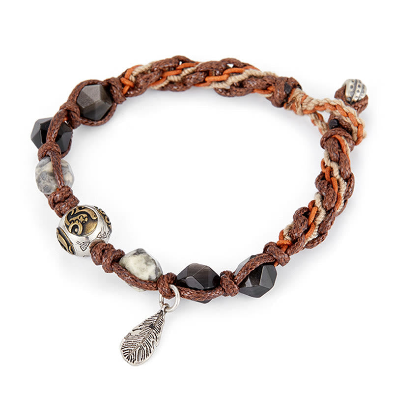 Wear FengShui Retro 925 Sterling Silver Silver Sheen Obsidian Transport Rope Handmade Braided Bracelet