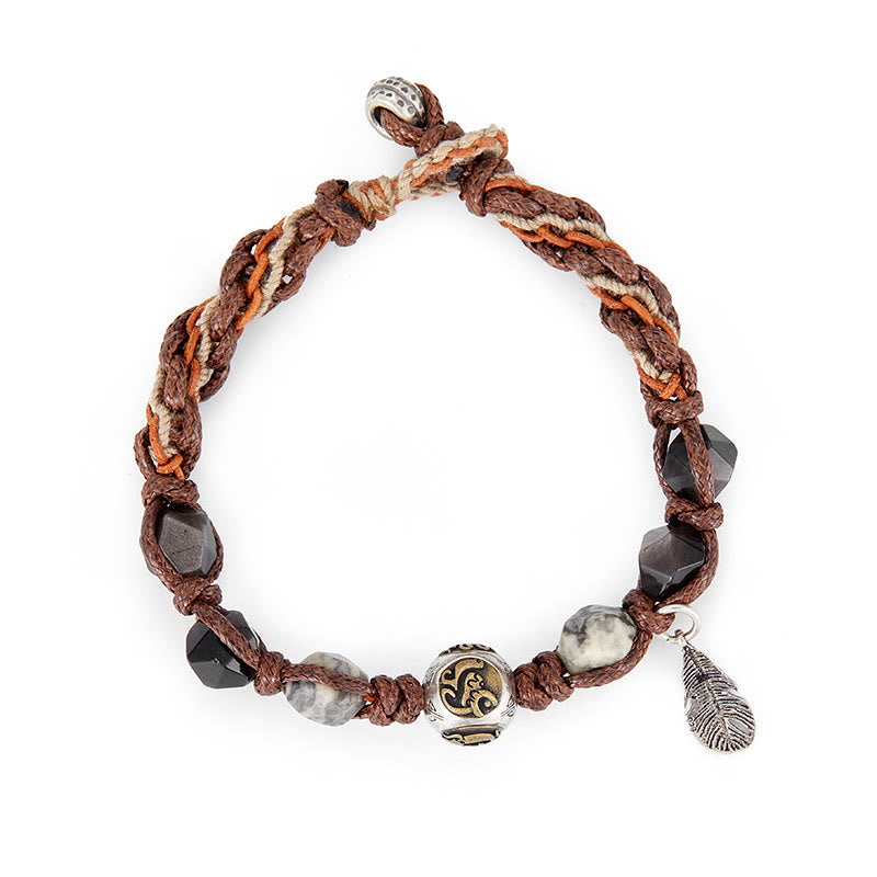 Wear FengShui Retro 925 Sterling Silver Silver Sheen Obsidian Transport Rope Handmade Braided Bracelet