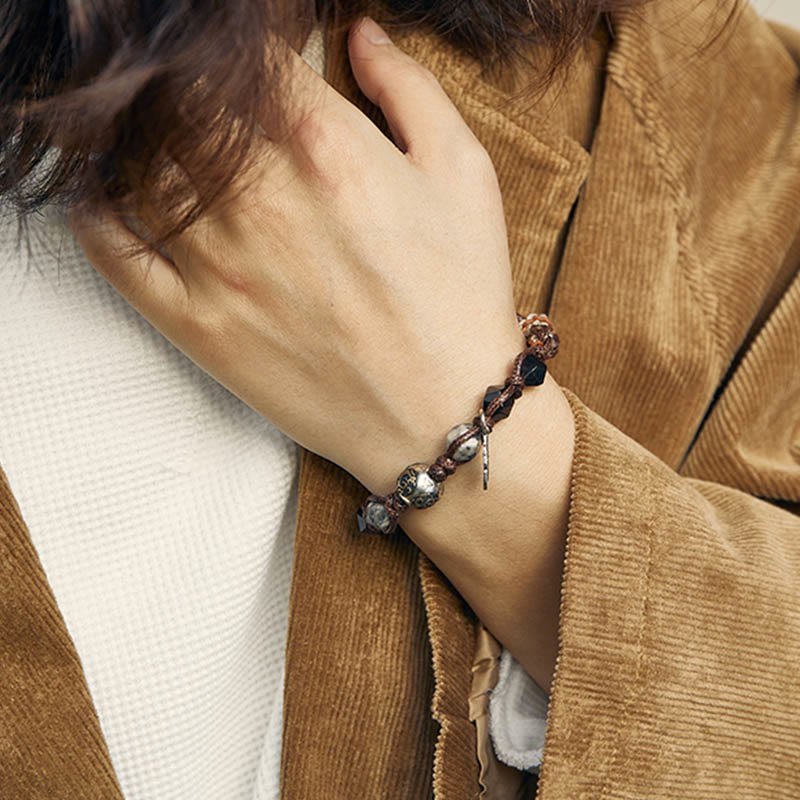Wear FengShui Retro 925 Sterling Silver Silver Sheen Obsidian Transport Rope Handmade Braided Bracelet