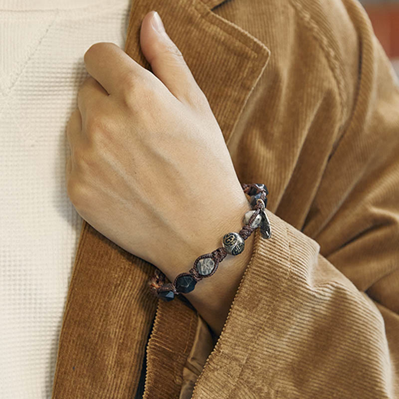 Wear FengShui Retro 925 Sterling Silver Silver Sheen Obsidian Transport Rope Handmade Braided Bracelet