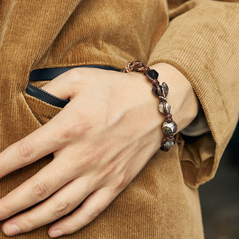 Wear FengShui Retro 925 Sterling Silver Silver Sheen Obsidian Transport Rope Handmade Braided Bracelet