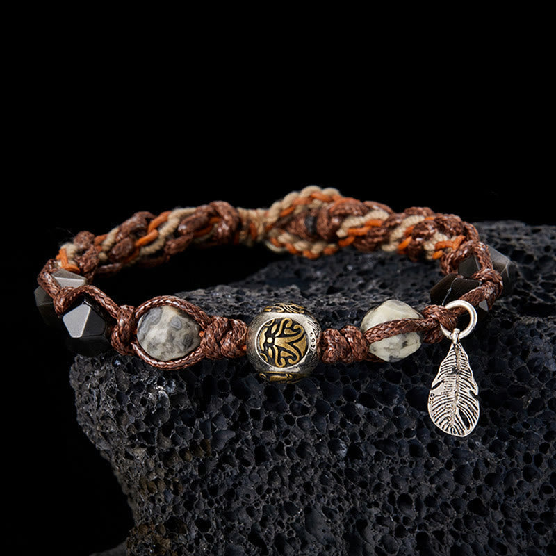 Wear FengShui Retro 925 Sterling Silver Silver Sheen Obsidian Transport Rope Handmade Braided Bracelet