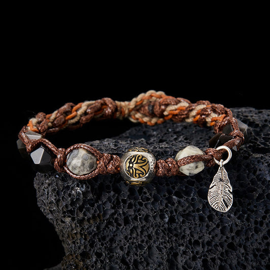 Wear FengShui Retro 925 Sterling Silver Silver Sheen Obsidian Transport Rope Handmade Braided Bracelet