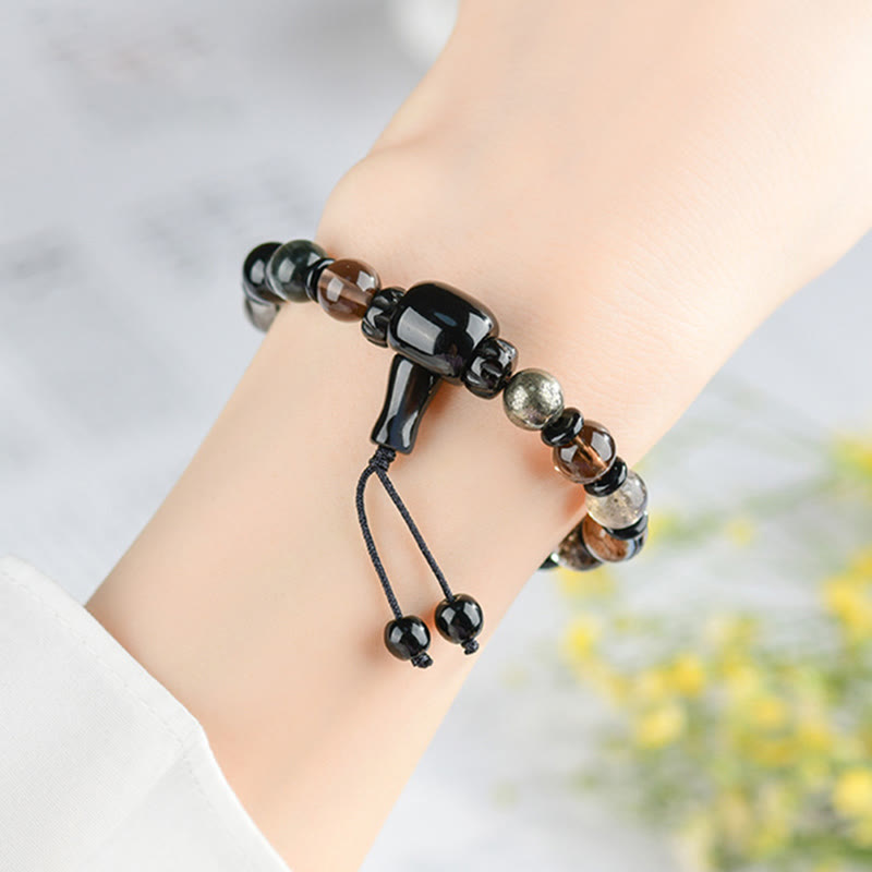 Wear FengShui Five Elements Various Crystal Black Obsidian Wealth Wisdom Bracelet