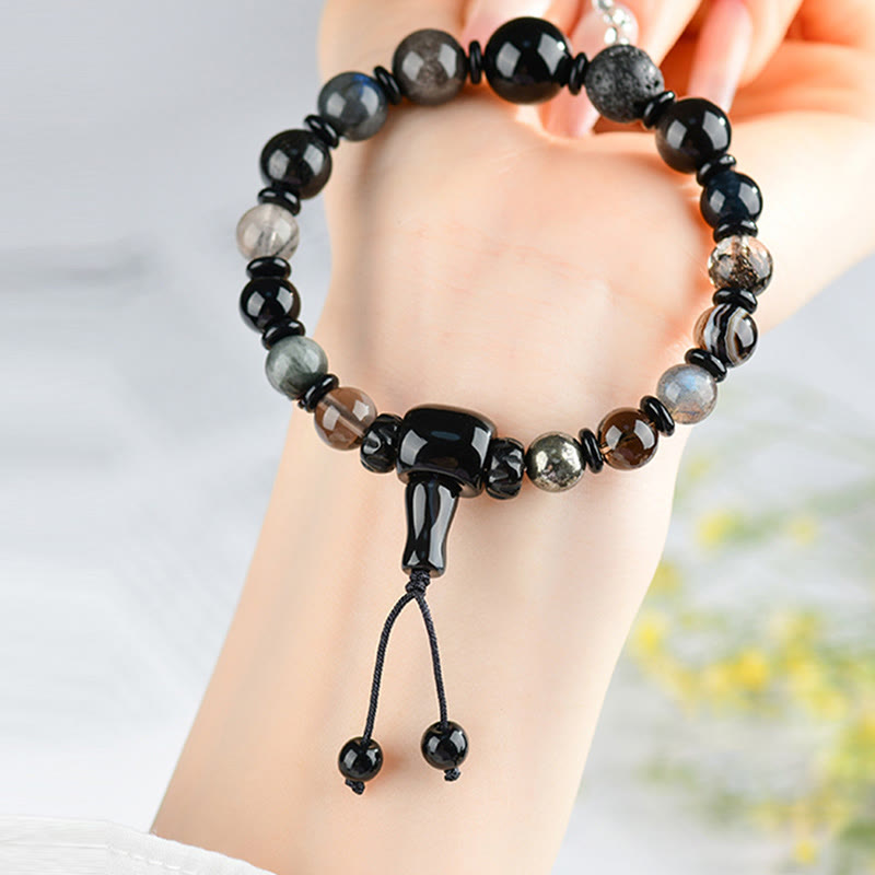 Wear FengShui Five Elements Various Crystal Black Obsidian Wealth Wisdom Bracelet