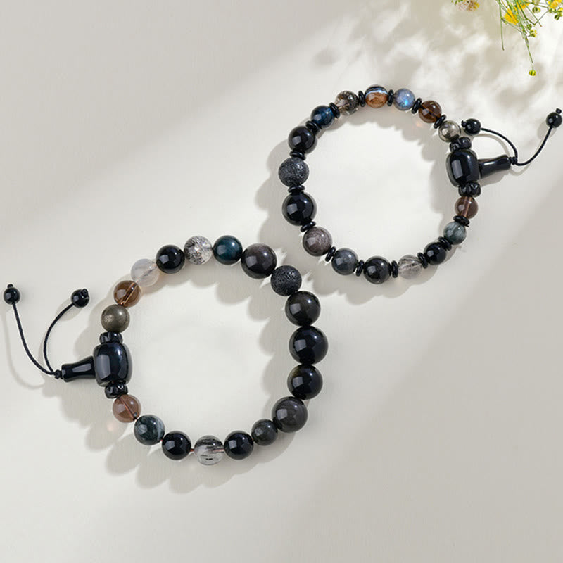 Wear FengShui Five Elements Various Crystal Black Obsidian Wealth Wisdom Bracelet