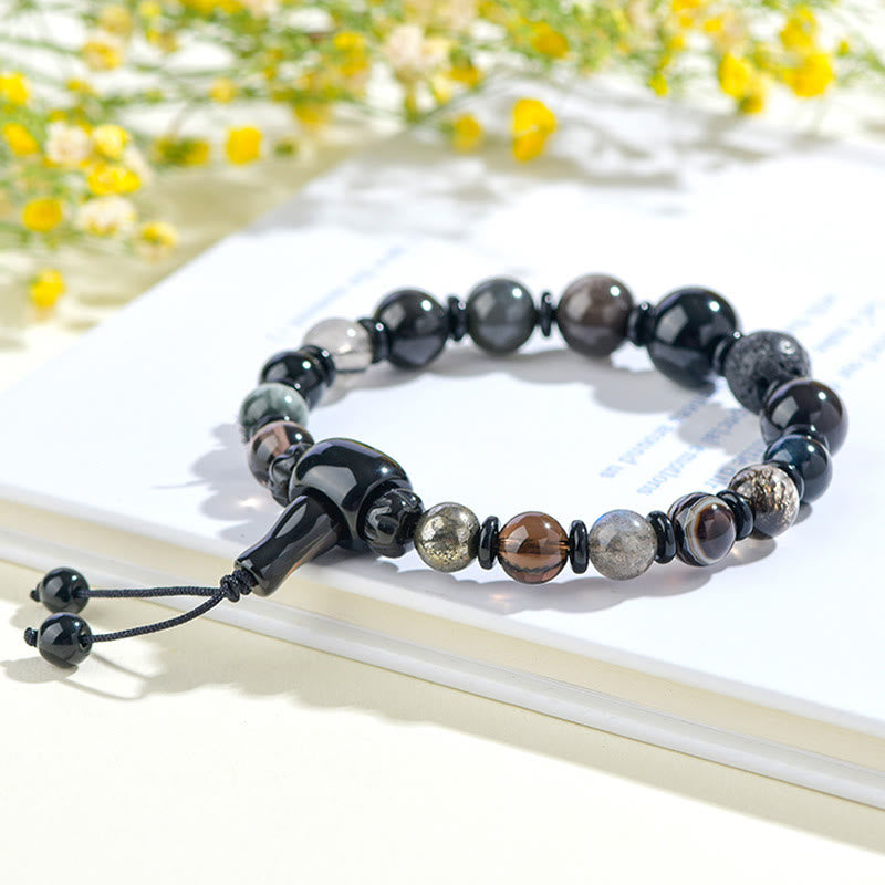 Wear FengShui Five Elements Various Crystal Black Obsidian Wealth Wisdom Bracelet