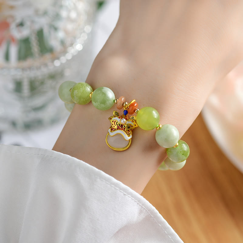 Wear FengShui Natural Jade Dancing Lion Charm Prosperity Luck Bracelet