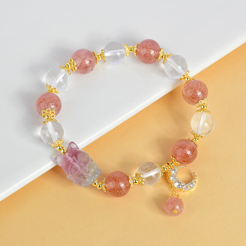 Wear FengShui Natural White Strawberry Quartz Crystal Healing Love Nine Tailed Fox  Moon Pendant Bracelet
