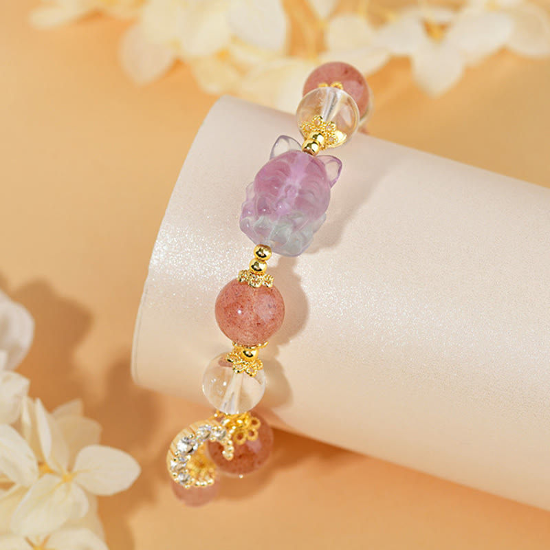 Wear FengShui Natural White Strawberry Quartz Crystal Healing Love Nine Tailed Fox  Moon Pendant Bracelet