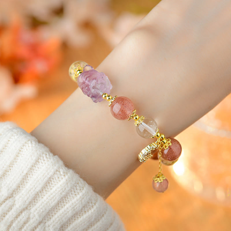 Wear FengShui Natural White Strawberry Quartz Crystal Healing Love Nine Tailed Fox  Moon Pendant Bracelet