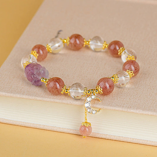 Wear FengShui Natural White Strawberry Quartz Crystal Healing Love Nine Tailed Fox  Moon Pendant Bracelet