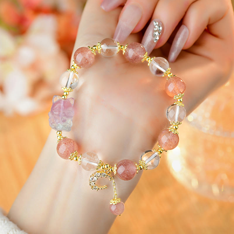 Wear FengShui Natural White Strawberry Quartz Crystal Healing Love Nine Tailed Fox  Moon Pendant Bracelet