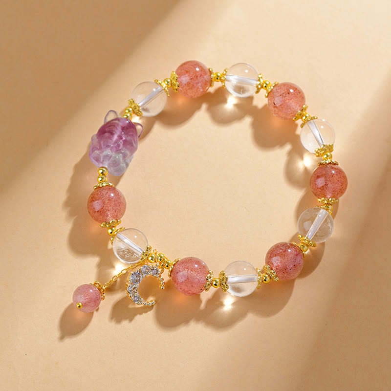Wear FengShui Natural White Strawberry Quartz Crystal Healing Love Nine Tailed Fox  Moon Pendant Bracelet