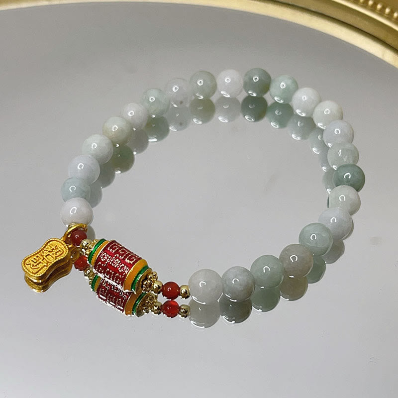 Wear FengShui Tibetan Natural Jade Fu Character Prayer Wheel Prosperity Abundance Bracelet