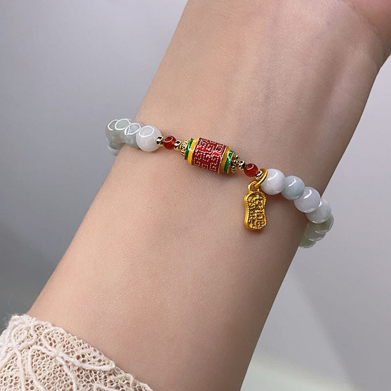 Wear FengShui Tibetan Natural Jade Fu Character Prayer Wheel Prosperity Abundance Bracelet