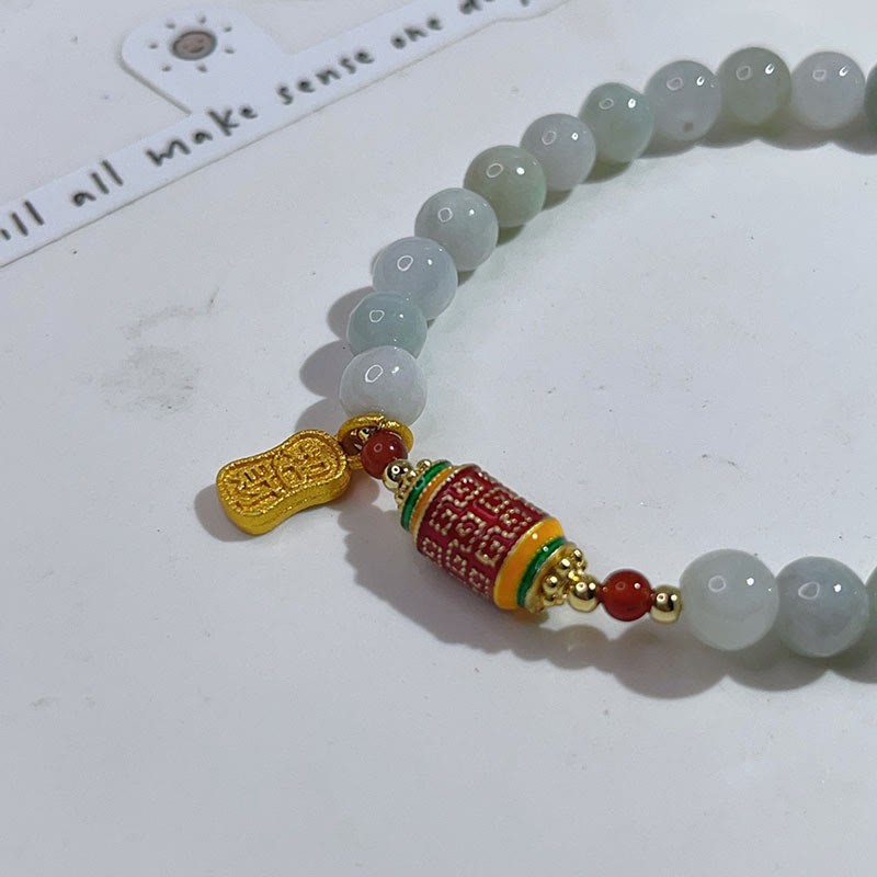 Wear FengShui Tibetan Natural Jade Fu Character Prayer Wheel Prosperity Abundance Bracelet