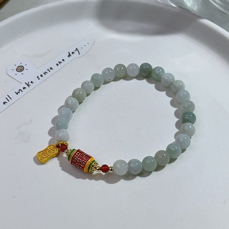 Wear FengShui Tibetan Natural Jade Fu Character Prayer Wheel Prosperity Abundance Bracelet
