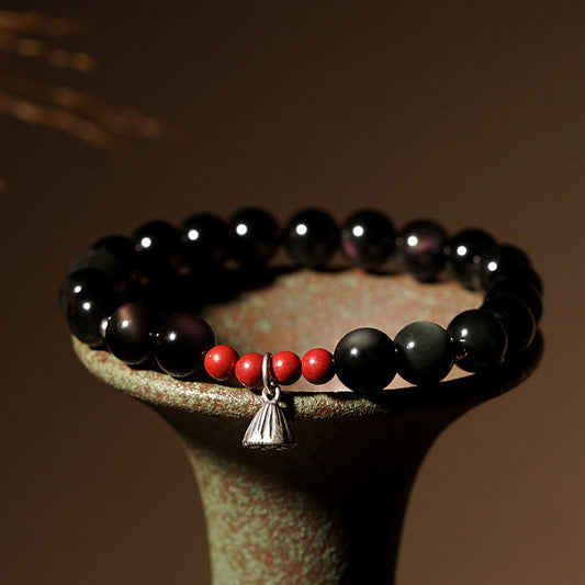 Wear FengShui Natural Black Obsidian Cinnabar Lotus Charm Strength Fulfillment Bracelet