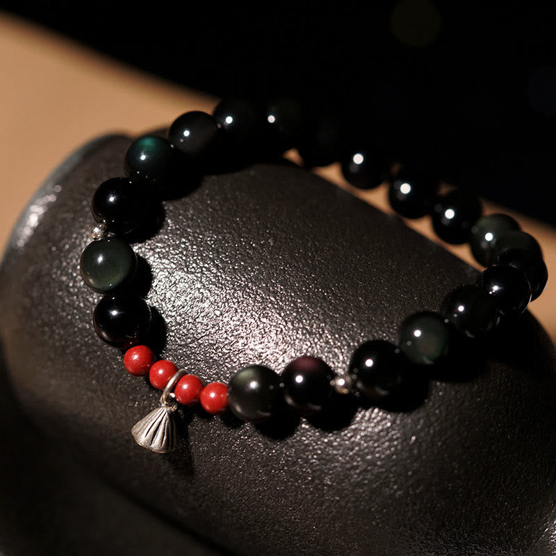 Wear FengShui Natural Black Obsidian Cinnabar Lotus Charm Strength Fulfillment Bracelet
