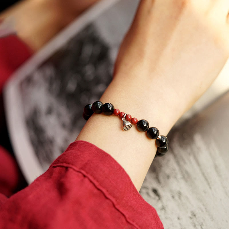 Wear FengShui Natural Black Obsidian Cinnabar Lotus Charm Strength Fulfillment Bracelet