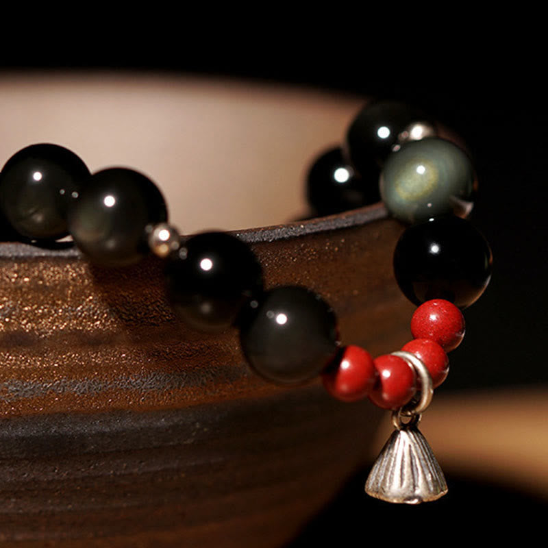 Wear FengShui Natural Black Obsidian Cinnabar Lotus Charm Strength Fulfillment Bracelet