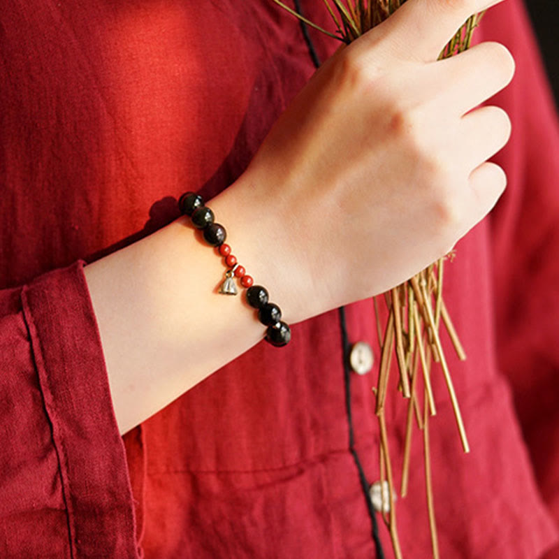 Wear FengShui Natural Black Obsidian Cinnabar Lotus Charm Strength Fulfillment Bracelet