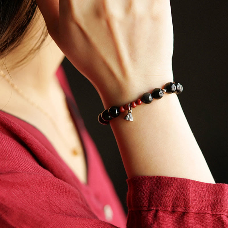 Wear FengShui Natural Black Obsidian Cinnabar Lotus Charm Strength Fulfillment Bracelet