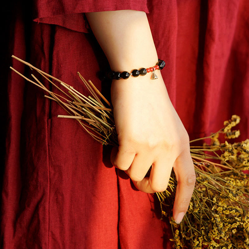 Wear FengShui Natural Black Obsidian Cinnabar Lotus Charm Strength Fulfillment Bracelet