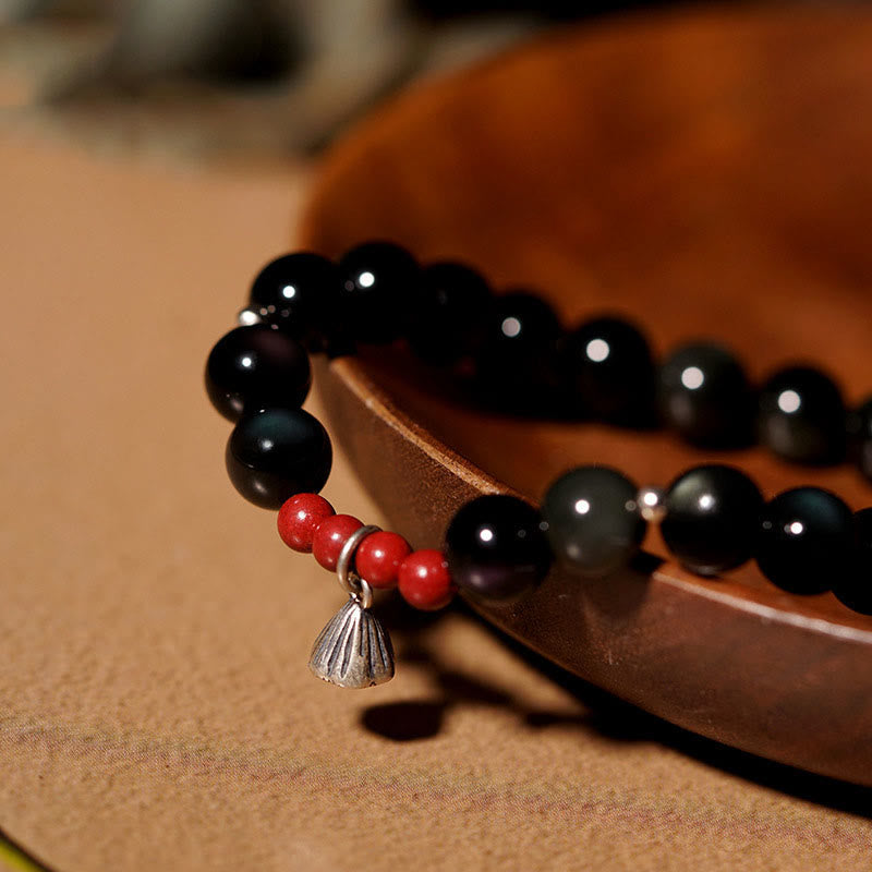 Wear FengShui Natural Black Obsidian Cinnabar Lotus Charm Strength Fulfillment Bracelet