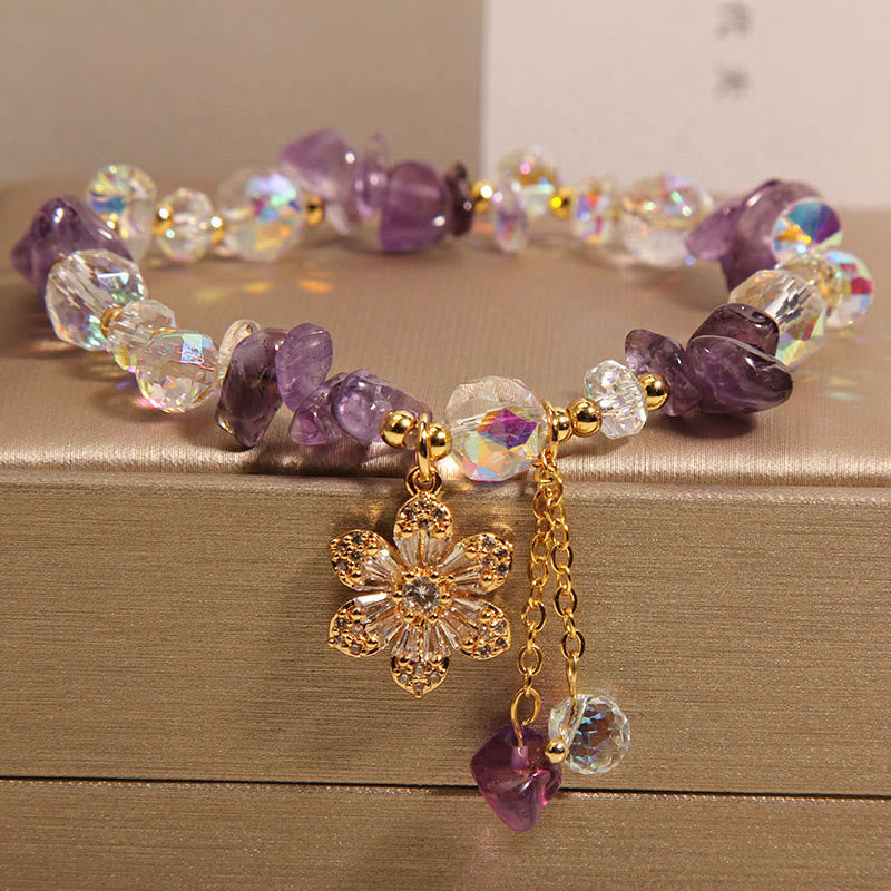 Wear FengShui Amethyst Citrine White Crystal Zircon Flower Spiritual Healing Bracelet