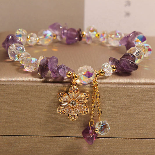 Wear FengShui Amethyst Citrine White Crystal Zircon Flower Spiritual Healing Bracelet