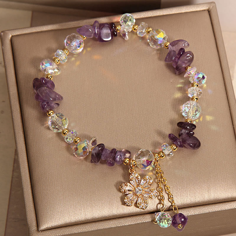 Wear FengShui Amethyst Citrine White Crystal Zircon Flower Spiritual Healing Bracelet
