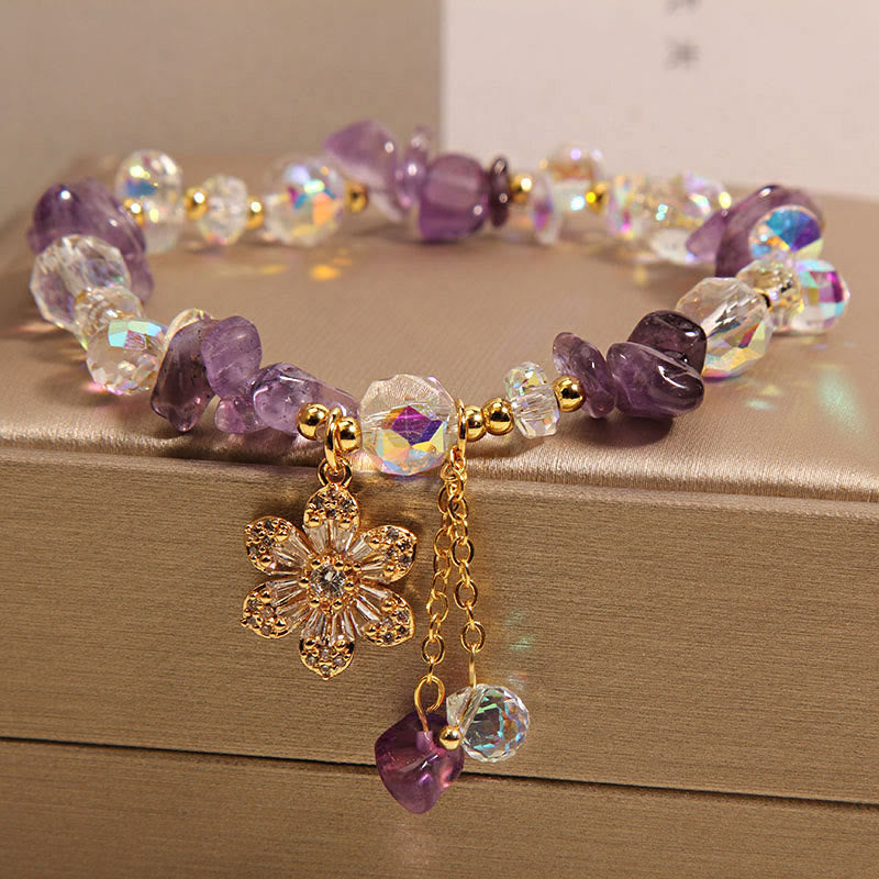 Wear FengShui Amethyst Citrine White Crystal Zircon Flower Spiritual Healing Bracelet