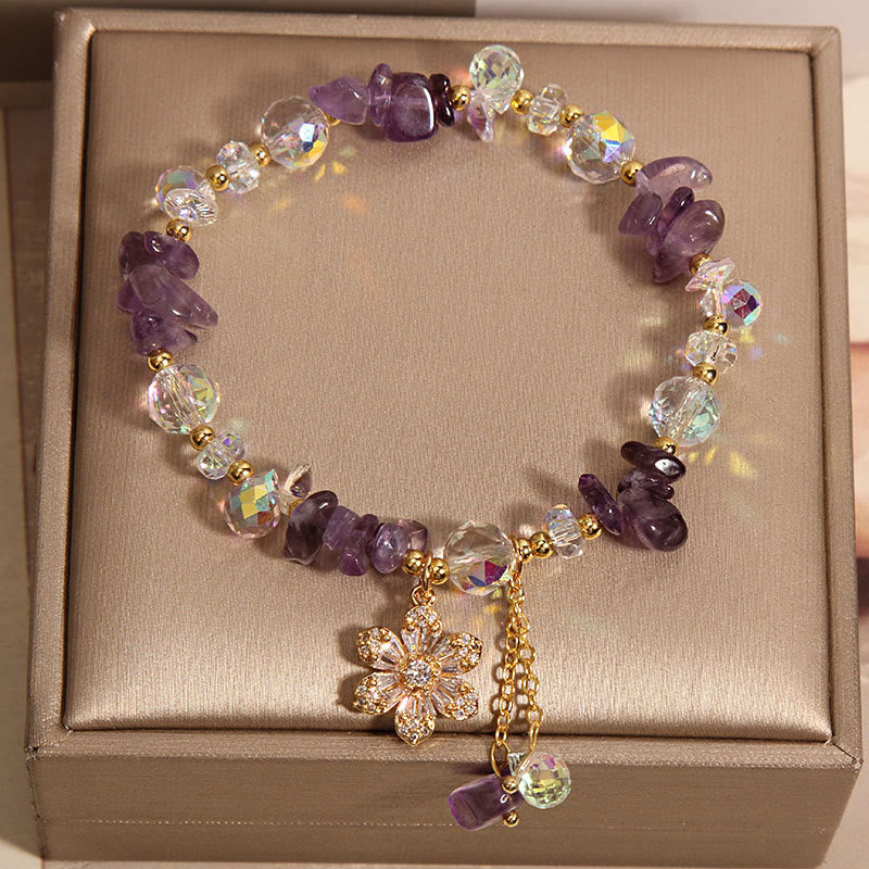 Wear FengShui Amethyst Citrine White Crystal Zircon Flower Spiritual Healing Bracelet