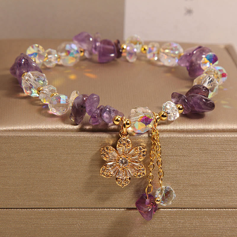 Wear FengShui Amethyst Citrine White Crystal Zircon Flower Spiritual Healing Bracelet