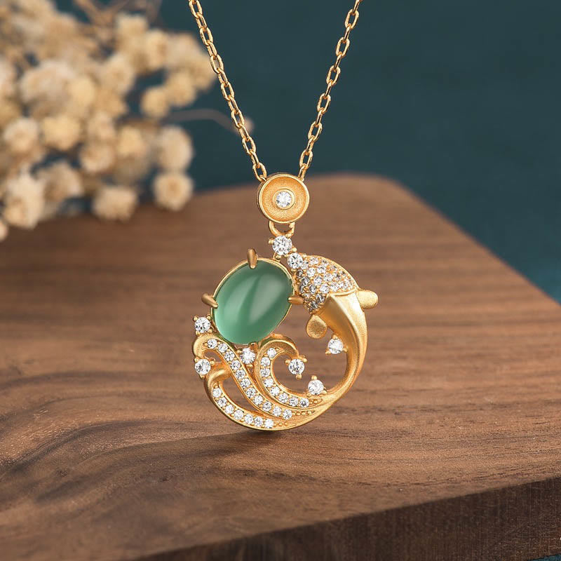 Wear FengShui Green Chalcedony Koi Fish Strength Necklace Pendant