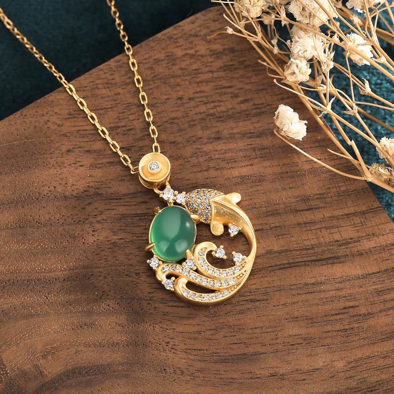 Wear FengShui Green Chalcedony Koi Fish Strength Necklace Pendant