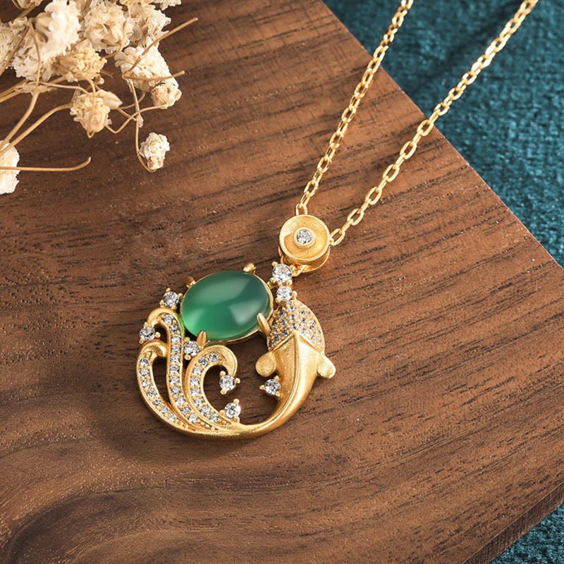 Wear FengShui Green Chalcedony Koi Fish Strength Necklace Pendant