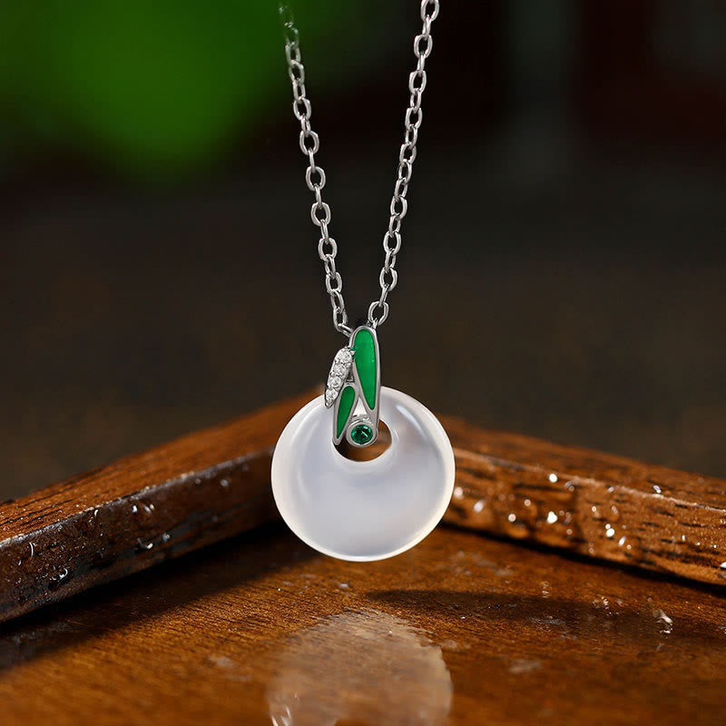 Wear FengShui Natural Chalcedony Bamboo Leaf Peace Buckle Wealth Necklace Pendant