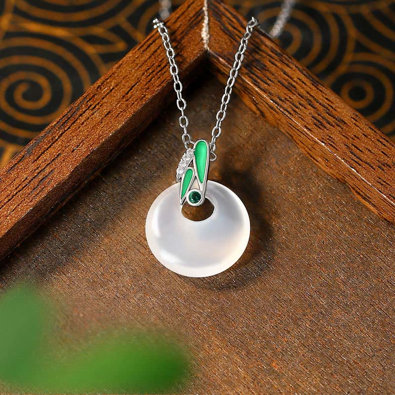 Wear FengShui Natural Chalcedony Bamboo Leaf Peace Buckle Wealth Necklace Pendant