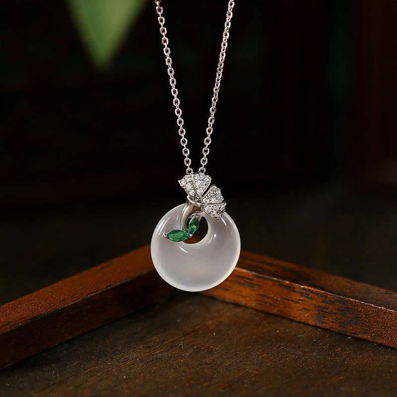 Wear FengShui Natural Chalcedony Ginkgo Leaf Peace Buckle Harmony Necklace Pendant