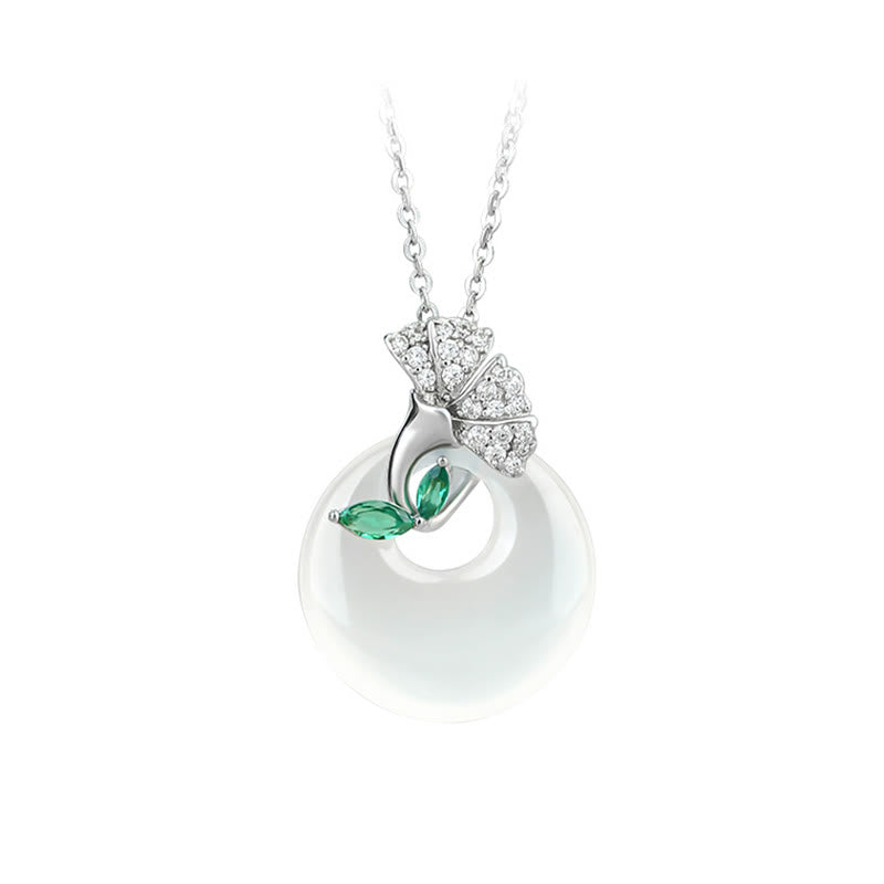 Wear FengShui Natural Chalcedony Ginkgo Leaf Peace Buckle Harmony Necklace Pendant