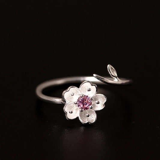 Wear FengShui 925 Sterling Silver Cherry Blossom Sakura Flower Blessing Adjustable Ring