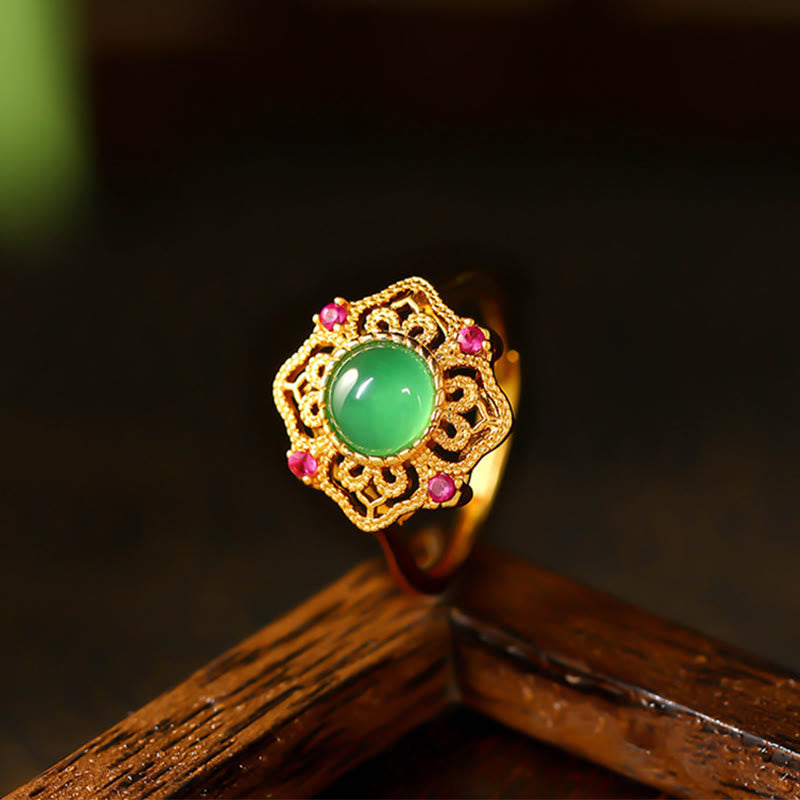 Wear FengShui Green Chalcedony Hollow Pattern Strength Adjustable Ring