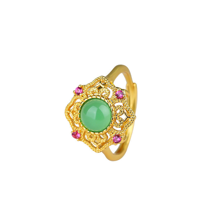 Wear FengShui Green Chalcedony Hollow Pattern Strength Adjustable Ring